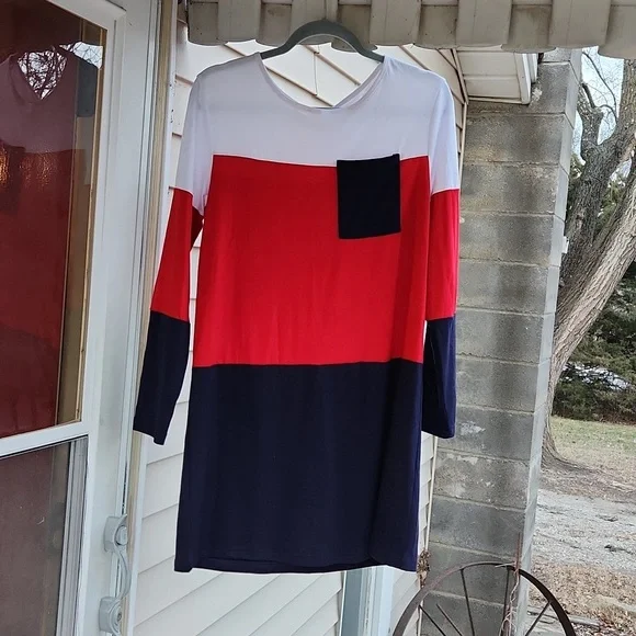 red and white colorblock dress Colorblock Tiered Dress Medium / Royal/White